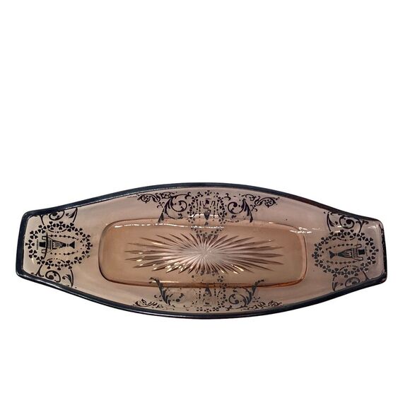 Pink Depression Oval Glass Plate Silver Scroll Overlay Pink 12" Vintage - Picture 7 of 12